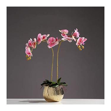 Imagem de LMJYU Flor artificial em vaso orquídea artificial Phalaenopsis com vaso de flores douradas, buquê de flores falsas de plástico para festa de jardim em casa