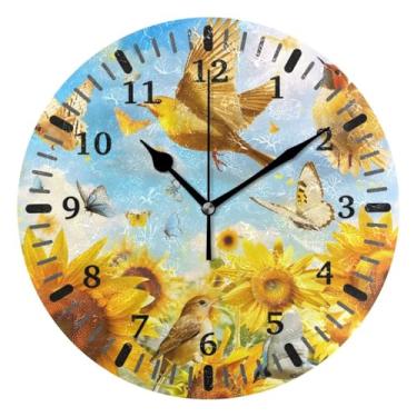 Imagem de CEBUGI Pássaros girassóis relógio de parede operado por bateria relógios redondos silenciosos sem tique-taque relógios de parede para cozinha, banheiro, quarto, escritório, decoração 25,4 cm