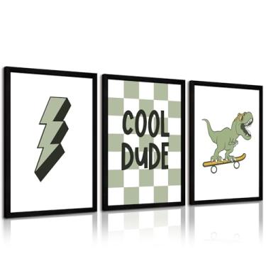 Imagem de Conjunto de 3 impressões de arte de parede de dinossauros de berçário, decoração de parede em tela para quarto de meninos, crianças, impressões de dinossauro, skate, fotos, pôster para meninos