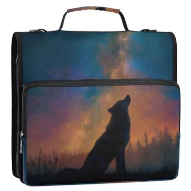 Imagem de CEBUGI Fichário de 3 anéis com zíper com alça de ombro, pasta de arquivo expansível de 3,8 cm, anéis D, para escola, escritório, lobo estrelado