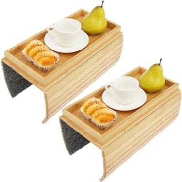 Imagem de Bandeja de braço de sofá, mesa antiderrapante de bambu com clipe de braços, bandeja de bambu dobrável, clipe de mesa para poltronas largas, braço para bebidas, lanches remotos (estilo A -2 peças)