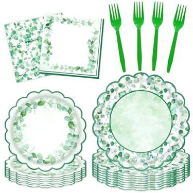 Imagem de Eaguecros Decorações de festa verde sálvia - 96 peças, pratos, guardanapos e garfos, flores de eucalipto, jardim botânico, verde sálvia, suprimentos de festa para chá de bebê e decoração de casamento