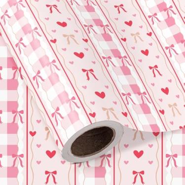 Imagem de WRAPAHOLIC Rolo de papel de embrulho de laço rosa - Mini rolo - 43 cm x 40 cm - Papel de embrulho de coração com laço xadrez rosa, perfeito para dia dos namorados, aniversário, chá de bebê, casamento