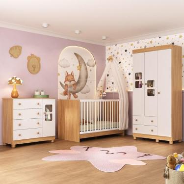 Imagem de Quarto De Bebê Completo Com Berço 3 Em 1 Para Colchão 130x60cm Sol Multimóveis MP4526 Madeirado-branco