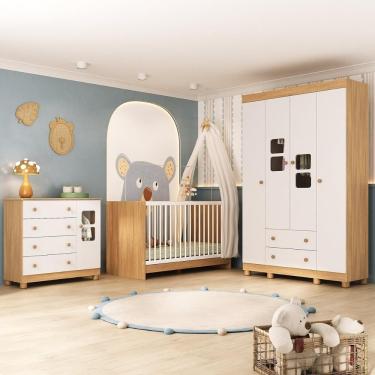 Imagem de Quarto De Bebê Completo Com Berço 3 Em 1 Para Colchão 130x60cm Sol Multimóveis MP4518 Madeirado-branco