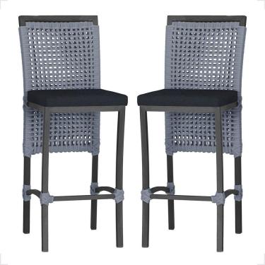 Imagem de 2 Banqueta Em Alumínio Roma Preta Corda Náutica Tecido 12 Prata