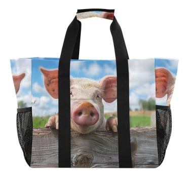 Imagem de ODAWA Sacos de mercearia diários estéticos para mulheres - Bolsas divertidas de praia de porco durável e resistente à água, Porco engraçado, One Size