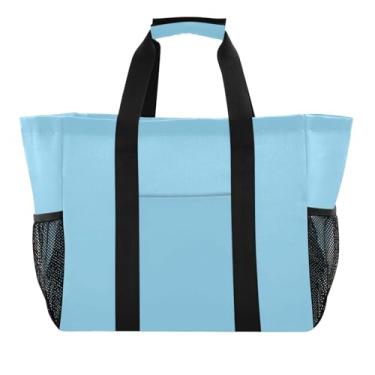 Imagem de ODAWA Sacola de praia à prova d'água à prova de areia azul celeste - Bolsa de praia dobrável de lona com bolsos com zíper