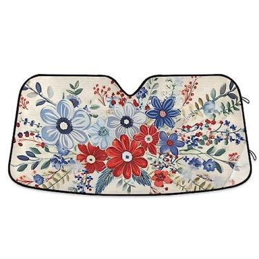 Imagem de Guarda-sol vintage 4 de julho flores azuis vermelhas para carro, para-sol para janela de carro, para-sol SUV para para-brisas, acessórios de janela de carro