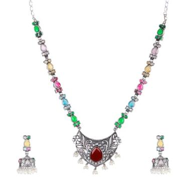 Imagem de Efulgenz Conjunto de joias indianas indianas oxidadas, colar antigo, boêmio, cristal, falso, pérola, floral, pingente Jhumki, brincos com pingente boêmio, conjunto de joias para mulheres, Cobre, Sem