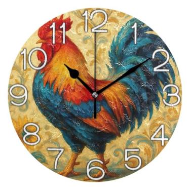 Imagem de GAIGEO Relógio de parede analógico decorativo relógio de cozinha bonito operado por bateria silencioso, retrô moderno art déco decoração de parede fazenda galo vintage, 25 cm, ponteiros pretos