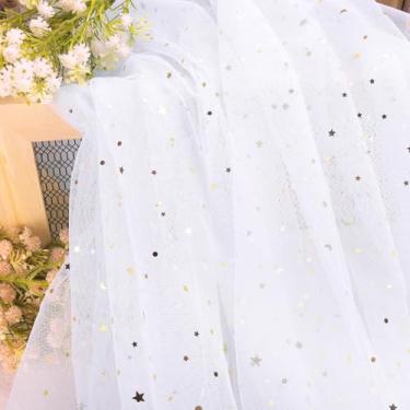 Imagem de HAVII 149,9 cm x 2 jardas rolos de tule branco glitter estrela lua lantejoulas tule parafuso de tecido para fotografia adereços fundo tutu saia de mesa DIY costura artesanato decoração de festa de