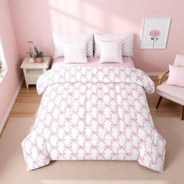 Imagem de Erosebridal Conjunto de edredom de 7 peças com laço para meninas | Lindo conjunto de cama com laço rosa coquete feminino, estilo princesa sonhadora, lençol com nó de borboleta, decoração de quarto
