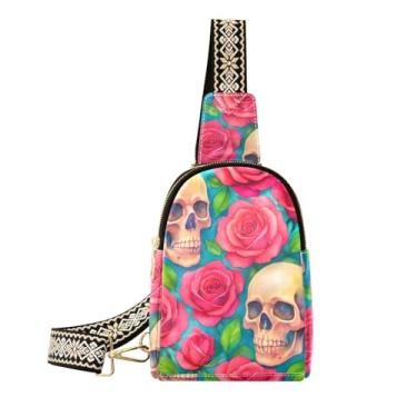 Imagem de CEBUGI Skulls Rose pequena bolsa tiracolo feminina de couro, pochete transversal para trilhas, viagens ao ar livre