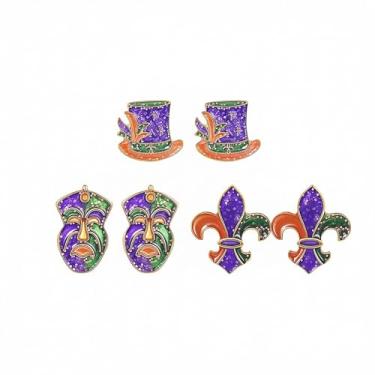 Imagem de Conjunto de 3 pares de brincos de carnaval para mulheres, conjunto de 3 pares compactos delicados de máscara esmaltada, chapéu de carnaval, conjunto de brincos com tema de carnaval, verde e roxo, joia
