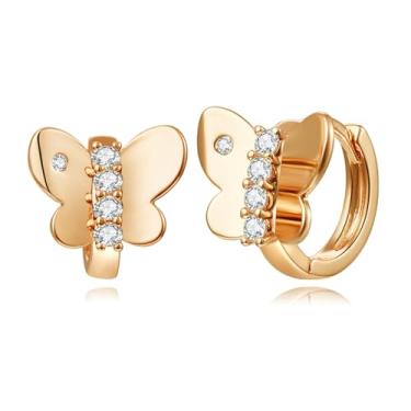 Imagem de WSKFLY Brincos Pequenos De Argola Dourada Em Formato Borboleta Para Mulheres, Banhados A 14K, Zircônia Cúbica, Huggie, Joias Leves E Simples Presente (Argola Diamante Borboleta)