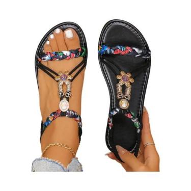 Imagem de Sandálias rasteiras de bico redondo estilo étnico, sapatos casuais de 