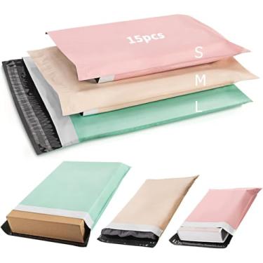 Imagem de 15 envelopes de envio de embalagens, sacos de embalagem de plástico, envelopes de poliéster autovedantes, sacos de poliéster para pequenas empresas (5 de cada: 10 x 12, 11 x 15, 12,5 x 16)