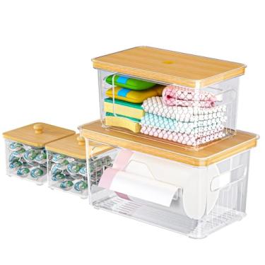 Imagem de FELIZHOUSE Pacote com 4 porta-sacos de lixo com tampa de bambu, dispensador de saco de lixo empilhável embaixo da pia, organizador de armazenamento para cozinha, lavanderia, despensa (P+S+M+G)