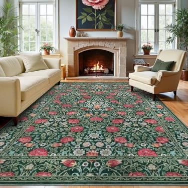Imagem de GarveeHome Tapete verde vintage floral lavável 20 x 25 para sala de estar, boho, botânico, retrô, resistente a manchas, tapete antiderrapante para quarto, berçário, sala de jantar