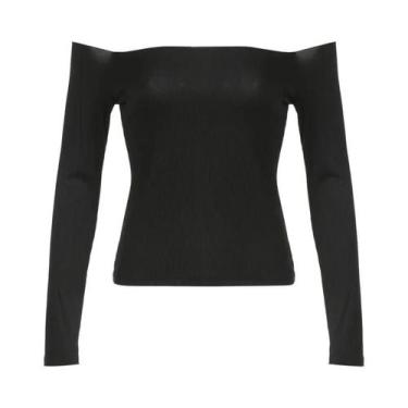 Imagem de Camiseta Cropped Feminina Preta De Manga Longa, Moda Coreana, Ajuste S