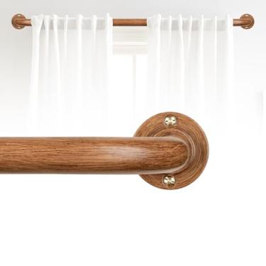 Imagem de HTZON Hastes de cortina blackout para janelas de 122 a 213 cm: varão de cortina de imitação de madeira para escurecimento de ambiente, resistente, ajustável, 2,5 cm, curvado, de madeira, francês