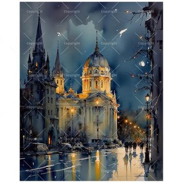 Imagem de Kit de pintura de paisagem urbana por números para adultos - Catedral iluminada DIY e cena de rua à noite pintura em tela 40,6 x 50,8 cm, conjunto de tinta acrílica para iniciantes, arte urbana para