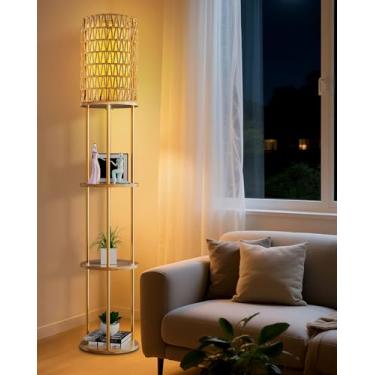 Imagem de ACOHOOK Luminária de chão de vime de 154 cm com prateleiras, prateleiras de armazenamento de 3 camadas com lâmpada E26 de 3000K incluída, design de madeira maciça com capacidade de 16 kg, lâmpadas de