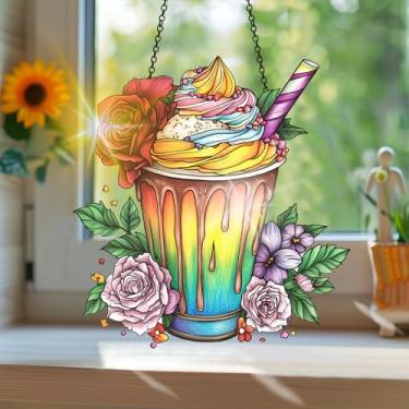 Imagem de Acrílico colorido Suncatcher, flores sorvete, estilo vitral, apanhador de sol com reflexos de arco-íris, decoração de janela suspensa, arte de parede, ornamentos de primavera, uso interno e externo
