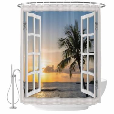 Imagem de Cortina de chuveiro Sunrise Beach Coconut Trees Seascape Windows View Conjunto de cortinas de chuveiro de tecido impermeável para banheiro decoração de banheira, acessórios de casa 182 x 182 cm