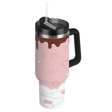 Imagem de ATTX Copo de coração creme de 1,134 g com alça, copo de aço inoxidável a vácuo de parede dupla com palha, caneca de café de viagem isolada #404