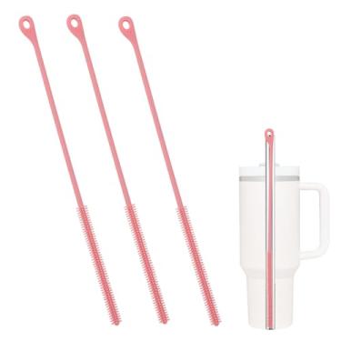 Imagem de 3 peças de escova de palha de silicone, escova de limpeza reutilizável extra longa de 24 cm, ferramentas de limpeza duráveis para tubos de plástico de vidro metálico e tubo dobrável para Stanley (rosa