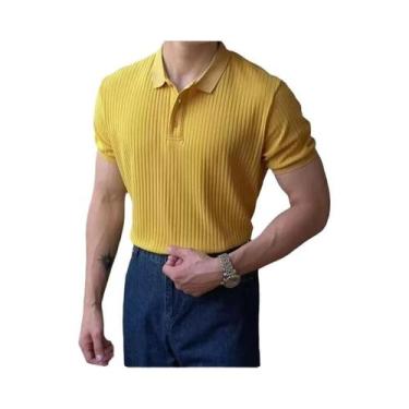 Imagem de Camisa Polo Masculina Slim Fit De Cor Sólida Com Listras Verticais, Re