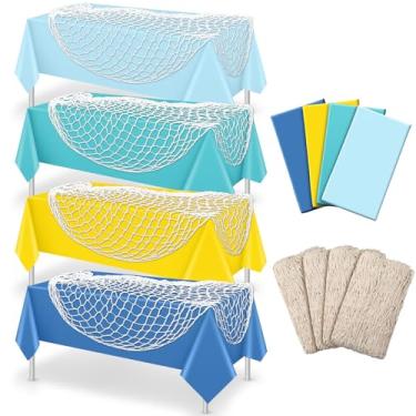 Imagem de Unittype Conjunto de toalha de mesa decorativa e rede de peixe, conjunto de decoração de toalha de mesa de algodão e plástico para festa temática náutica, chá de bebê, decoração de pirata, festa de
