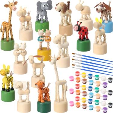 Imagem de DoubleFill 16 kits de artesanato de pintura para crianças, figuras de animais de madeira inacabadas, artesanato com 3 conjuntos de tintas, 2 pincéis faça-você-mesmo artes e artesanato para meninos e