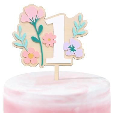 Imagem de Topo de bolo de flores silvestres de madeira - Decorações de festa de primeiro ou primeiro aniversário de flores silvestres, decoração de festa de primeiro aniversário para meninas (flor-1)