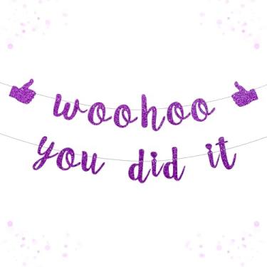 Imagem de Banner pré-amarrado Woohoo You Did It - Placa de felicitações com glitter para decorações de formatura 2026, promoção de trabalho, suprimentos para festa de aposentadoria, sem estamparia grande para