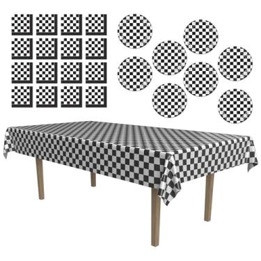 Imagem de Beistle Conjunto de decoração de festa de corrida xadrez – toalha de mesa preta e branca, pratos e guardanapos de almoço, suprimentos de mesa para eventos de exibição de carros, aniversários, festas e