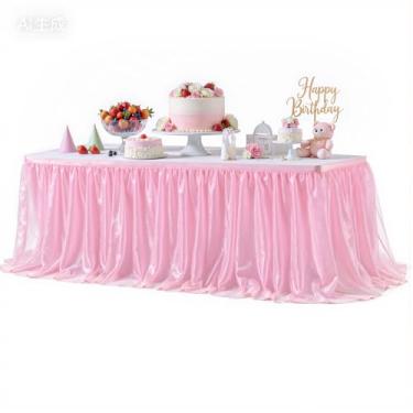Imagem de Saia de mesa de tule rosa para mesas retangulares ou mesas redondas, saia de mesa tutu de 2,5 m para festa de aniversário, chá de bebê, toalha de mesa com babados para decoração de princesa, casamento