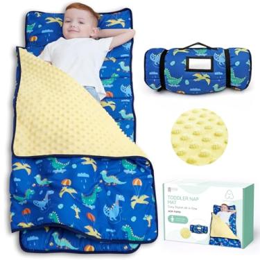 Imagem de ACRABROS Tapete infantil para cochilo com almofada e cobertor-133 x 53 x 3,8 cm, extragrande, tapetes enrolados para cochilo para meninos e meninas, saco de dormir infantil para creche, pré-escola, viagens, acampamento, dinossauro