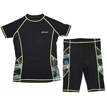 Imagem de Roupa de mergulho masculina de 2 peças, camisa de manga curta com shorts de banho, roupa de mergulho elástica e confortável para surf, natação, fibra de poliamida, borda verde (XXL)