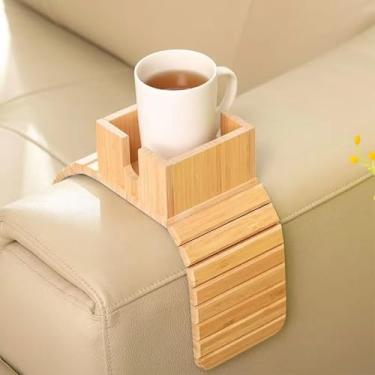 Imagem de Wanhaoshangmao Bandeja de apoio de braço de sofá de bambu com suporte de copo, mesa de encaixe de madeira natural para sala de estar, 30 x 15 cm