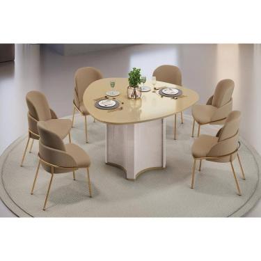 Imagem de Conjunto: Mesa de Cozinha Chanel c/ Tampo Madeirado c/ Vidro Orgânico 136x136cm e 6 Cadeiras Vitta Off White/Dourado - Linho Bege - DJ Móveis
