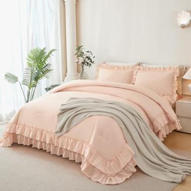 Imagem de ANGIYUIN Conjunto de edredom casal com babado blush, 5 peças, cama de camada dupla com babados em uma bolsa com lençóis, casa de fazenda, para meninas e mulheres (rosa blush, casal)