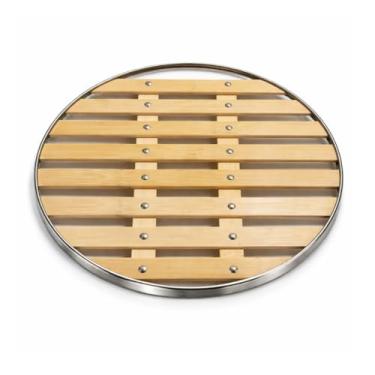 Imagem de Descanso de Panela em Bambu e Aço Inox Premium, Design Redondo 26cm, Multiuso, Apoio para Panela Quente, Suporte Resistente ao Calor, Protetor de Mesa