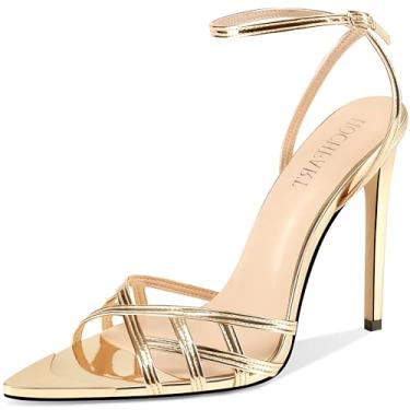 Imagem de HOCHFART Sandálias femininas 2026 bico fino com tiras no tornozelo stiletto salto alto sapatos elegantes sexy, Dourado, 38