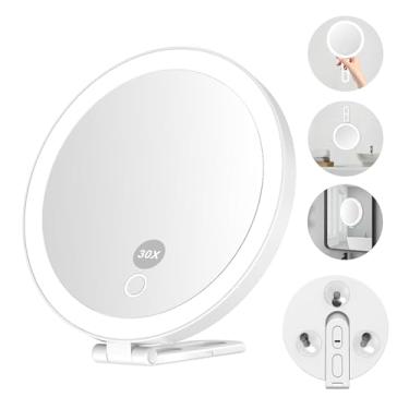 Imagem de Mocado Espelho de aumento 30x com luz, espelho de ampliação de viagem de 15 cm com 3 ventosas, espelho de maquiagem iluminado com ampliação de 30x, iluminação em 3 cores, suporte estável, espelho