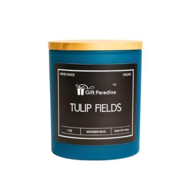 Imagem de Vela perfumada Tulip Fields – cera de soja de 200 ml, aroma floral de primavera – pavio de madeira rachado, frasco de vidro com tampa de bambu, caixa de presente de madeira, não tóxico e livre de