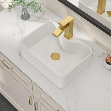 Imagem de Dcolora Pia de vaso branca de 40,6 cm, pia retangular de cerâmica de porcelana acima do balcão, pia de banheiro pequena com acessórios dourados, 30,5 cm P x 40,6 cm L x 12 cm A #DC-SFDOE00084