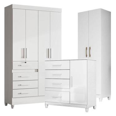 Imagem de Guarda Roupa Infantil Sobral Com Cômoda Vênus Com Pés E Armário Multiuso New íris Branco Brilho - Moval